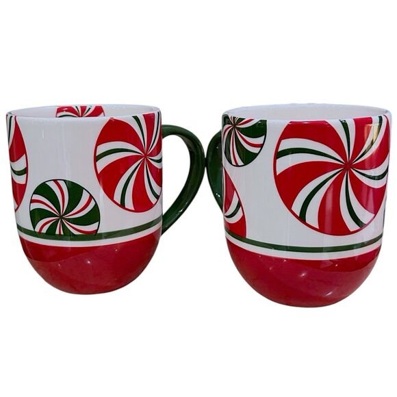 Set of 2 Vintage Pier 1 Hand Painted Red White Green 'CANDY CANE' Coffee Tea Mug - Picture 3 of 16